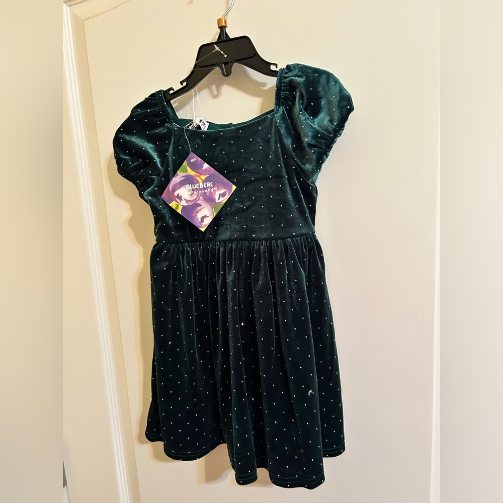 Blueberi Boulevard Girls Velvet Dark Green Dress with Silver Dots